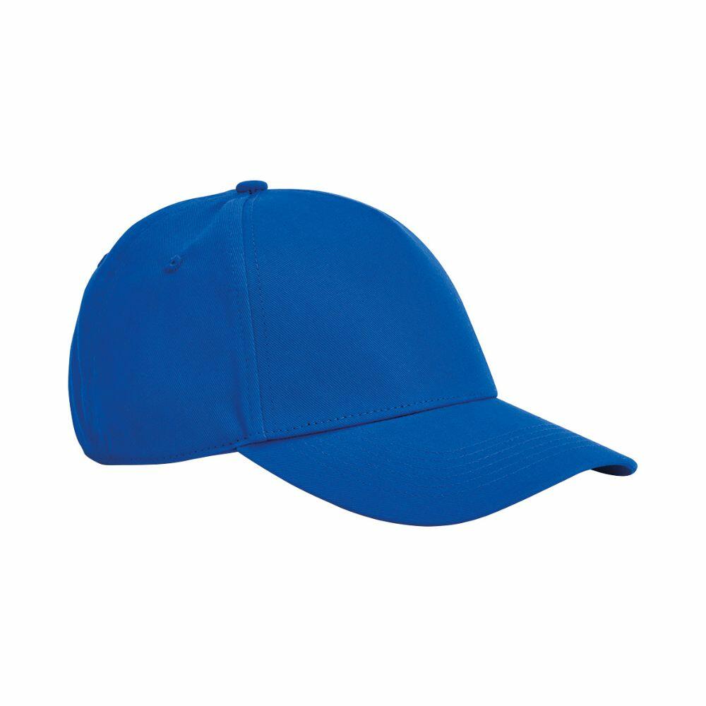 The BC825 by Beechfield is a solid blue baseball cap featuring a curved brim.