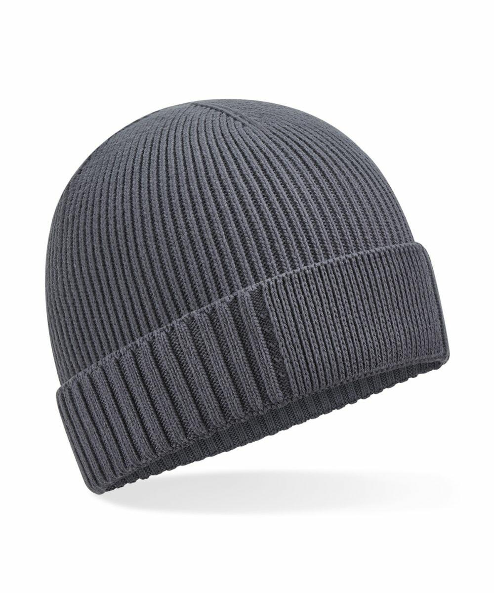 The Beechfield B438N is a gray ribbed knit beanie featuring a folded brim.