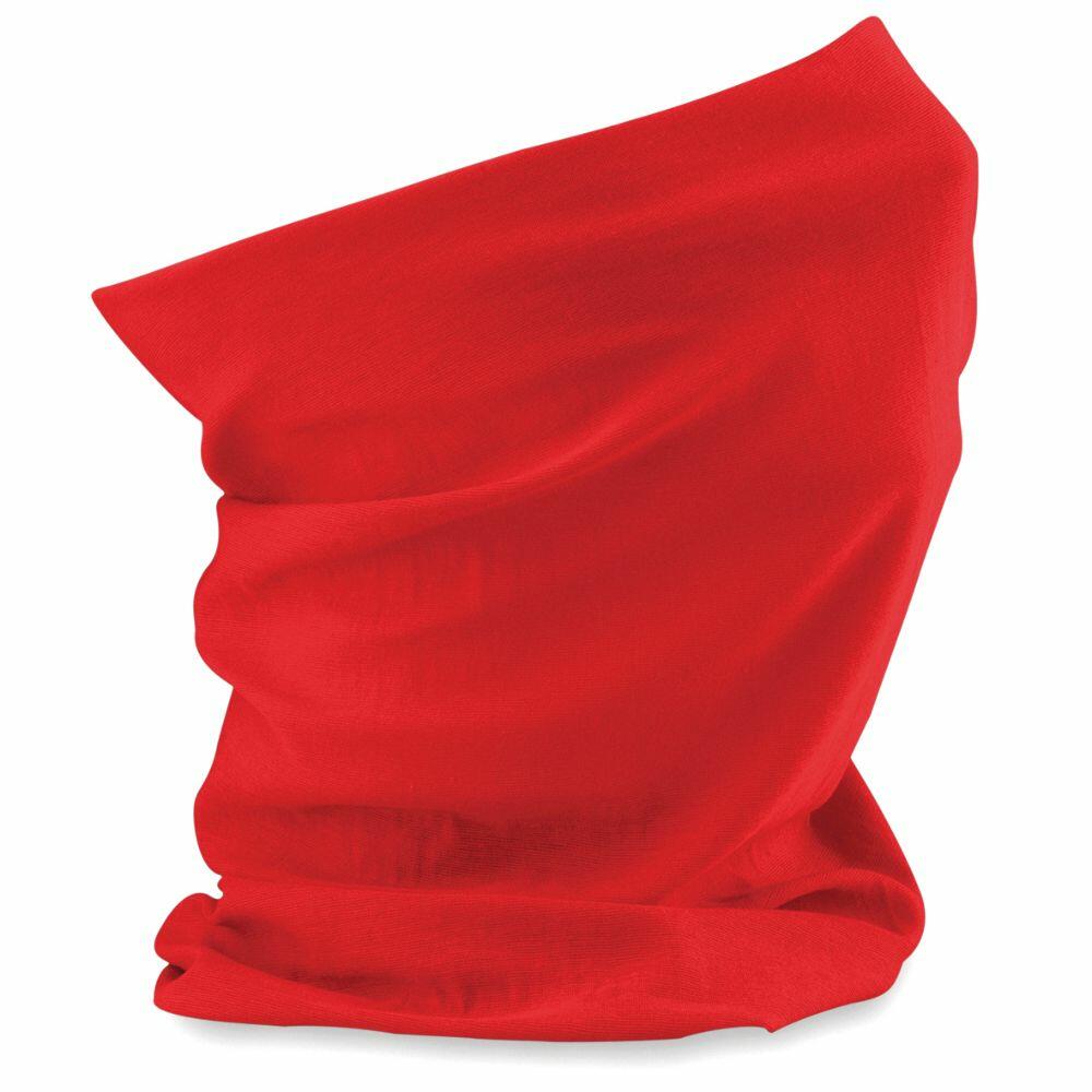 A bright red Beechfield BC900 bandana is folded neatly with a slightly fluffy texture, resembling a stack or pouch. The edges are smooth and it appears to be made of soft fabric. The background is plain white.