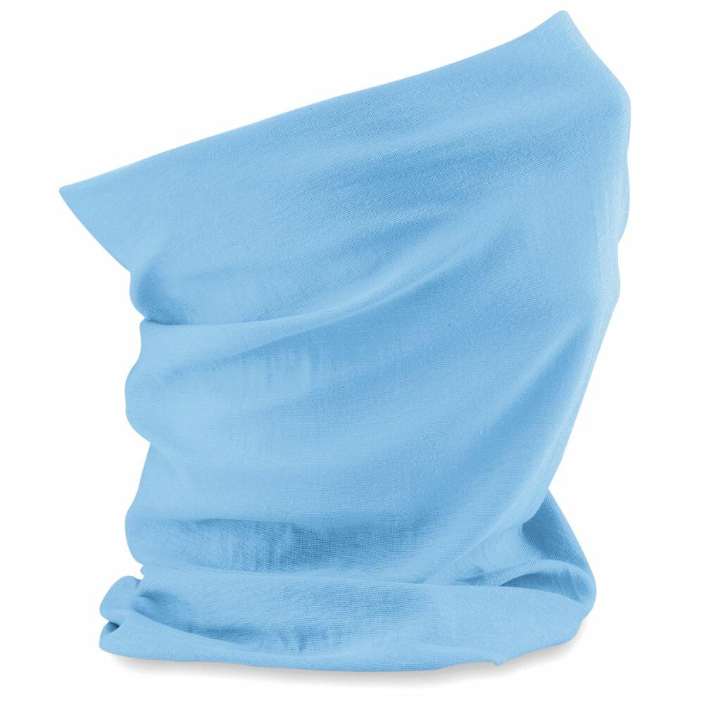 The BC900 neck gaiter by Beechfield is displayed against a white background. It features a soft and stretchy fabric, with gentle folds and a smooth texture in sky blue.