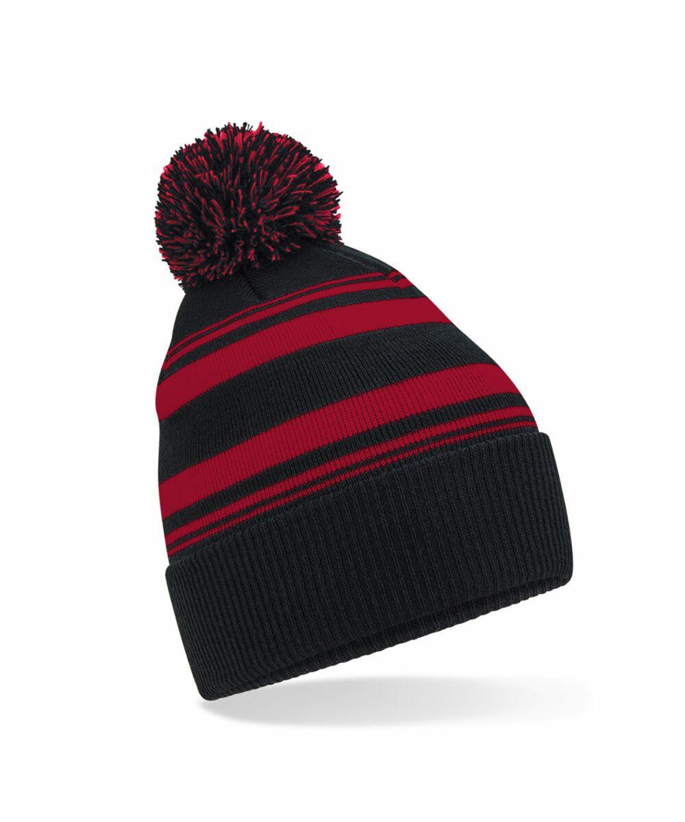 The product B473R from Beechfield is a black knit beanie featuring red horizontal stripes and a red pom-pom on top.
