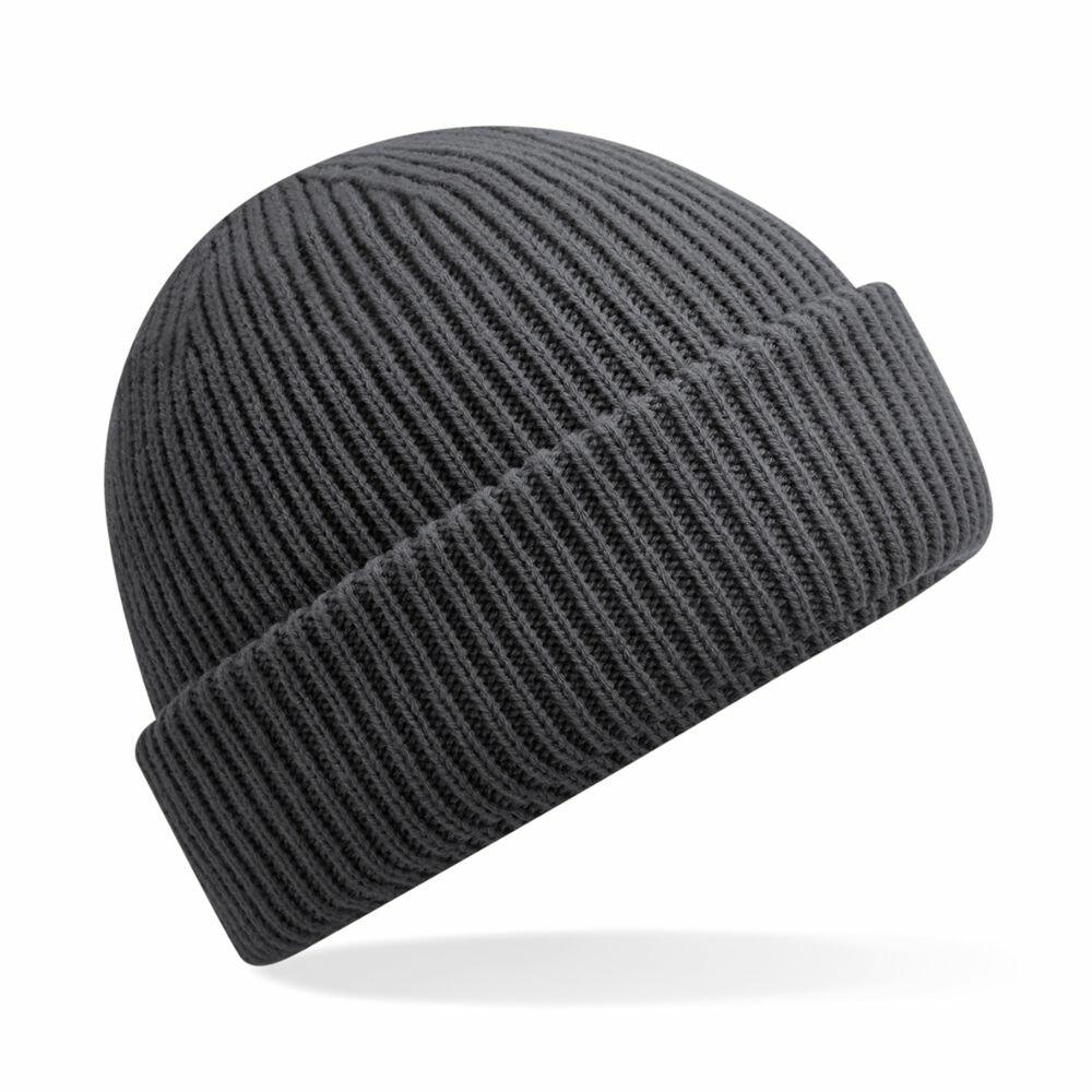 A Beechfield B508R ribbed knit beanie in dark gray, featuring a folded cuff, displayed on a white background.