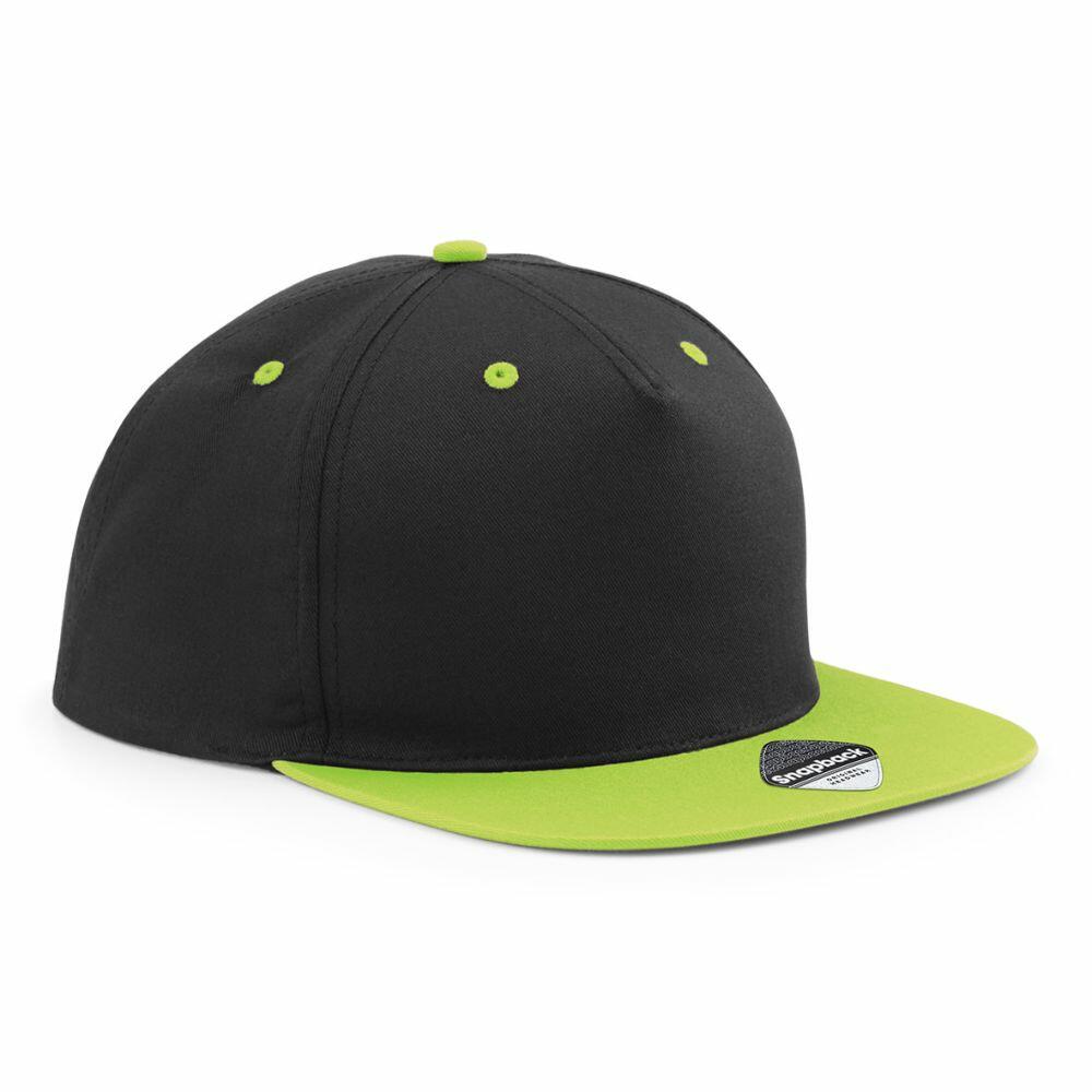The "B610C" by Beechfield is a black snapback hat featuring a vibrant green brim, a matching green button on top, and green eyelets. Additionally, it includes a sticker on the brim.