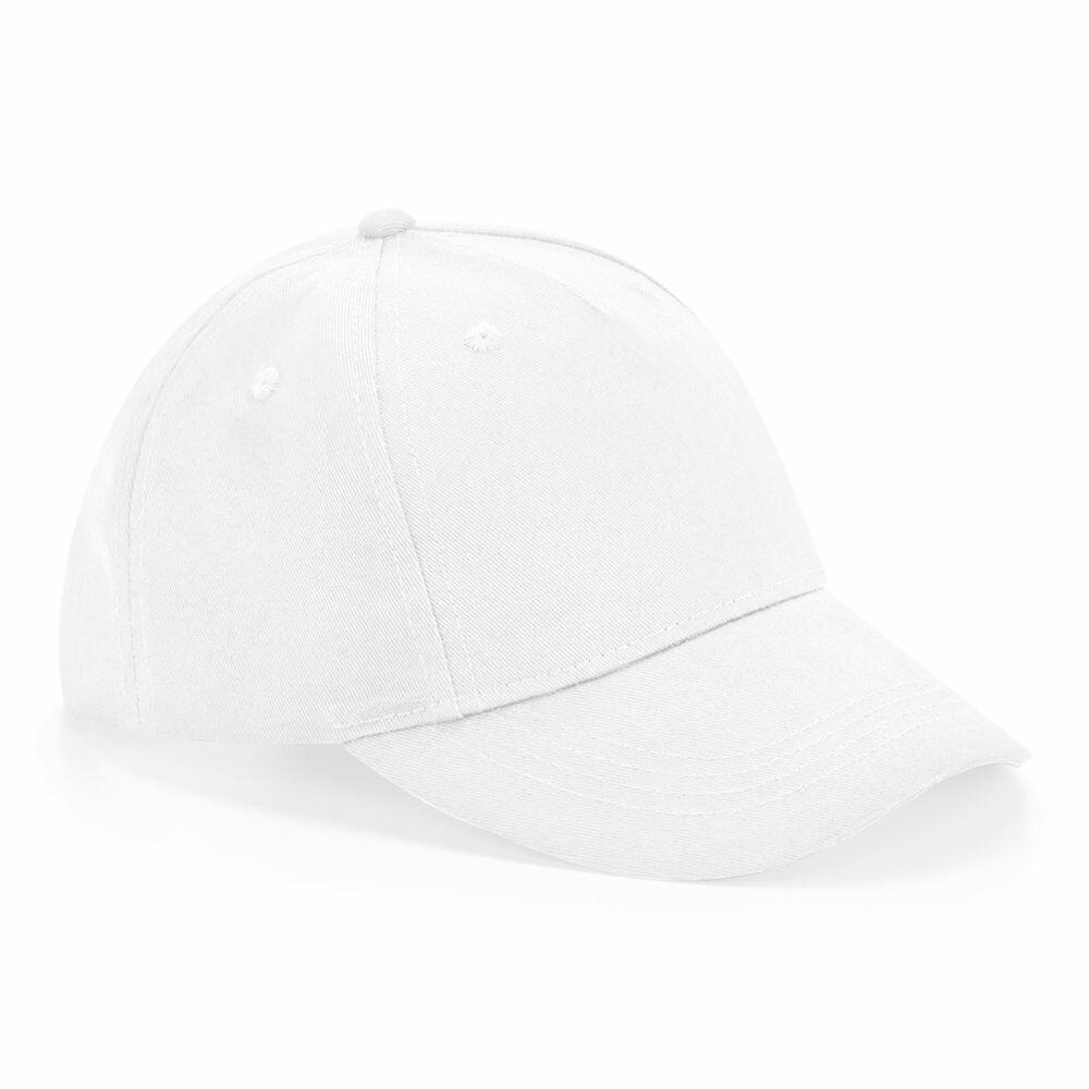 The Beechfield B63NB is a plain white baseball cap featuring a curved brim and an adjustable strap. It's styled with the front angled slightly to the side, highlighting its minimalist design.