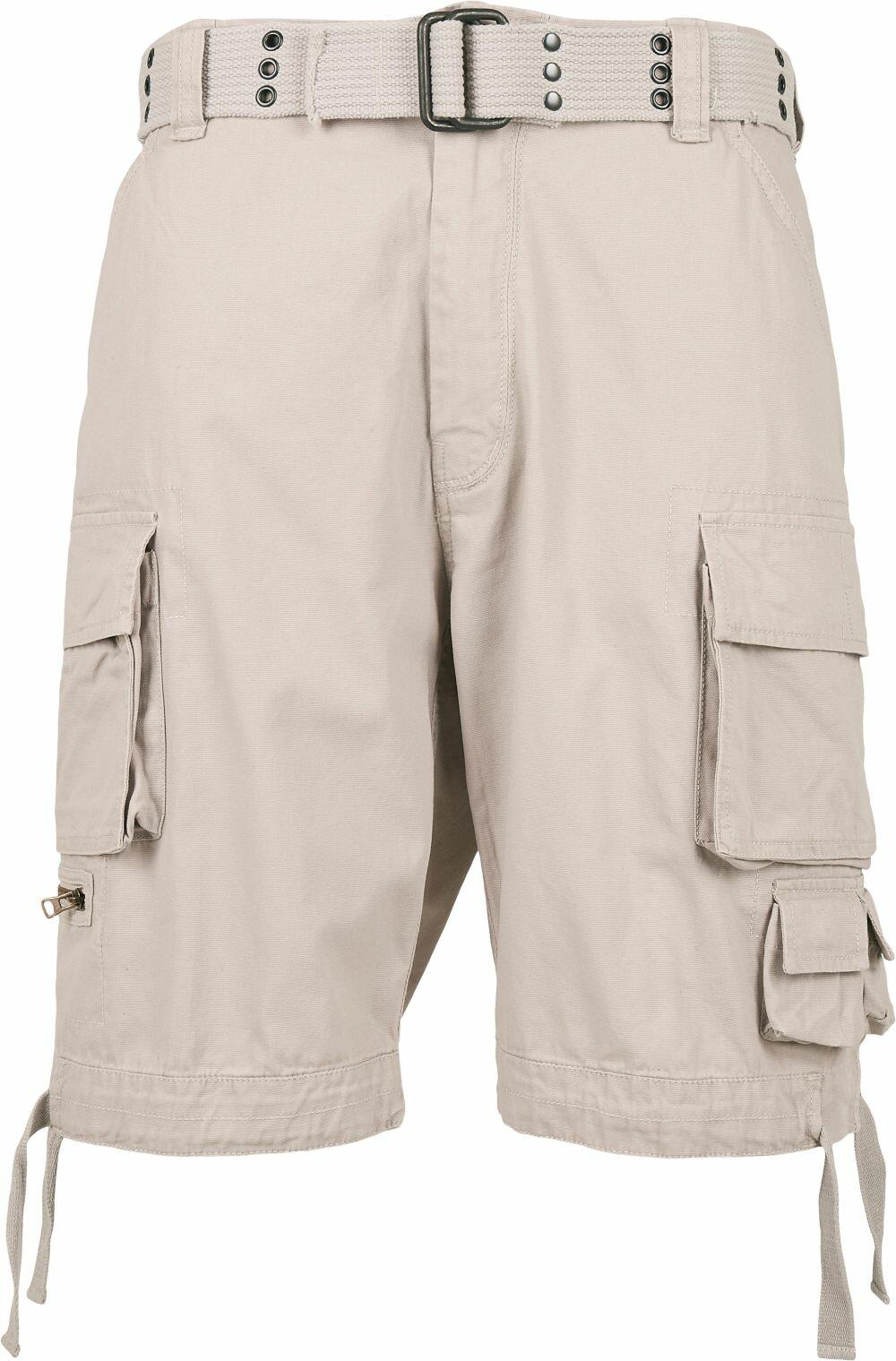 The BD201 by Build Your Brandit are beige cargo shorts featuring multiple pockets, a button and zipper front, and an adjustable belt. Crafted from lightweight fabric, they are perfect for casual wear.