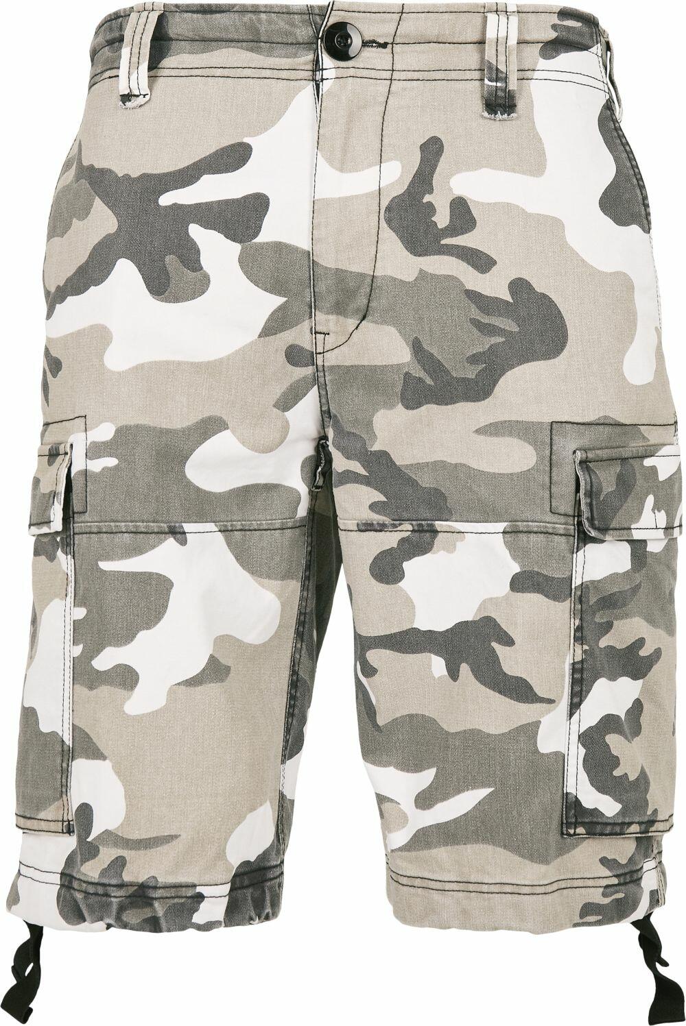 BD202 by Build Your Brandit are camouflage cargo shorts featuring a button and zipper front, two spacious side pockets, and drawstring hems. The color pattern incorporates shades of gray, white, and black.