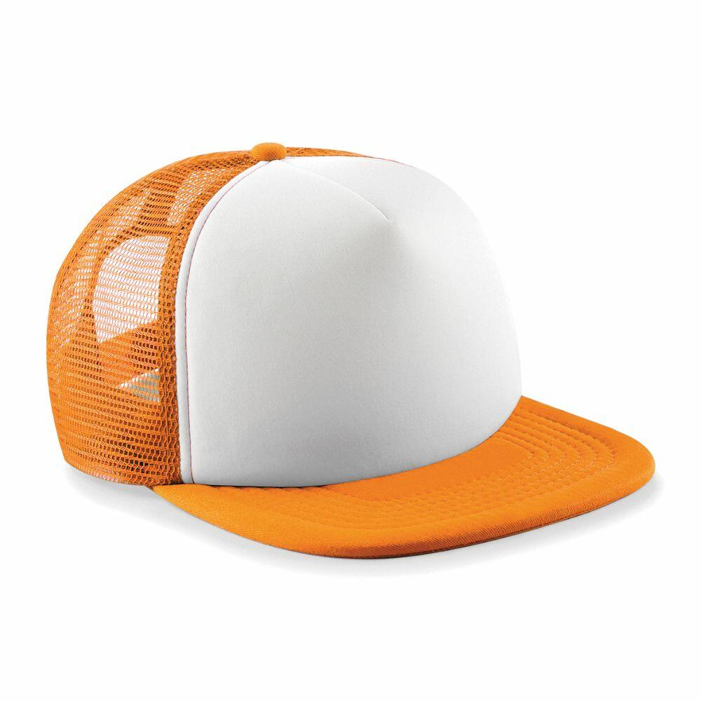 The Beechfield B645B baseball cap showcases a white front panel paired with an orange mesh back, complemented by an orange brim and a button on top.