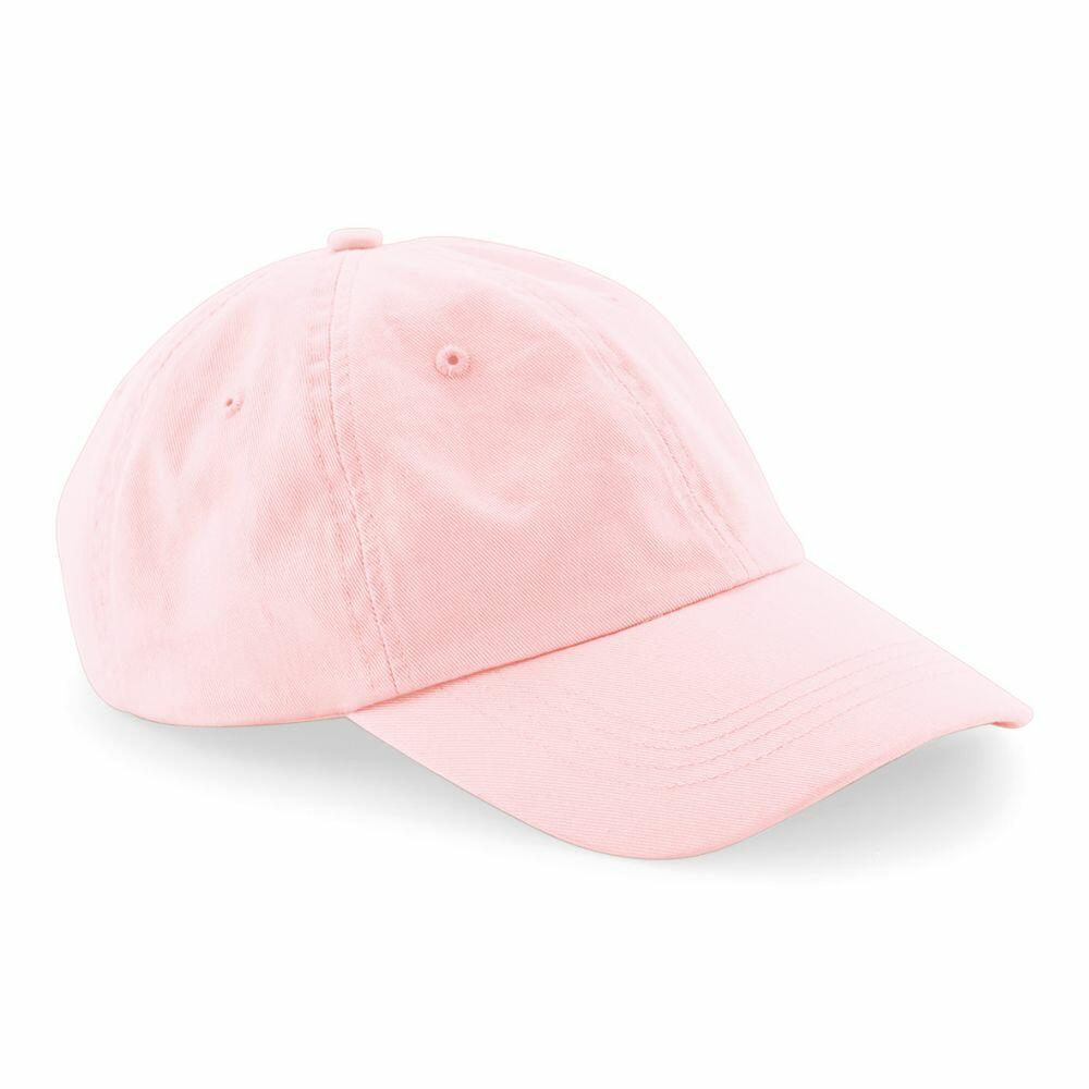 A Beechfield B652N baseball cap in light pink, featuring a curved brim and eyelets for ventilation, is set against a white background.