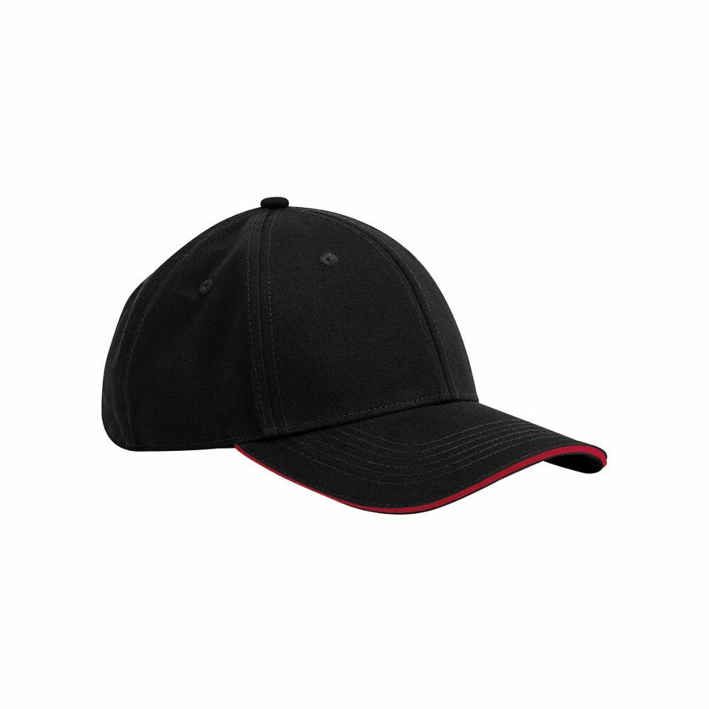 Beechfield's B820C is a black baseball cap featuring a curved brim and red trim.