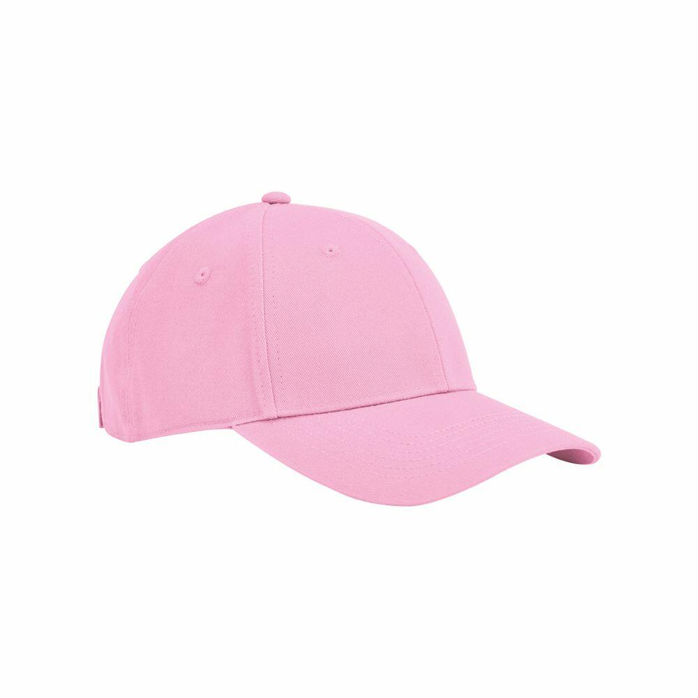 A Beechfield B821B baseball cap features a pink colour with a curved brim and a button on top. The cap is designed with six panels and ventilation eyelets, providing it with a classic and casual style. The image showcases the cap against a plain white background.