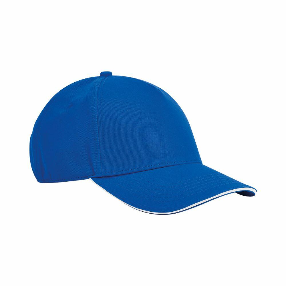 The Beechfield B825C is a blue baseball cap featuring a curved brim and white trim.