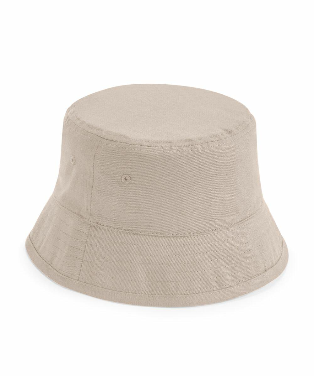 Introducing the Beechfield B90NB, a beige bucket hat featuring a wide brim and two small ventilation grommets on the side, crafted with a simple, unadorned design.