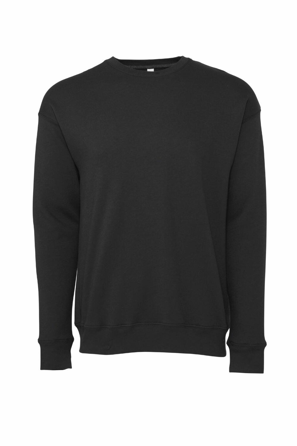 A Bella + Canvas BE045, a plain black crewneck sweatshirt, is set against a white background.