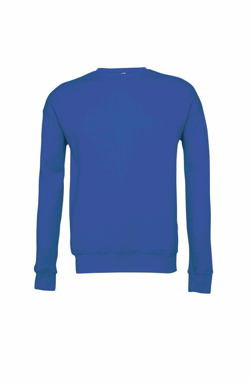 The image features the BE045 sweatshirt from Bella + Canvas, showcasing a straightforward design with long sleeves and a crew neckline as viewed from the back in a solid blue color.