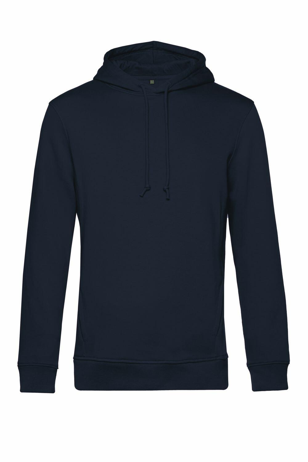The BA001 by B&C Collection is a plain black hoodie equipped with long sleeves and a front pocket, along with an adjustable drawstring on the hood.