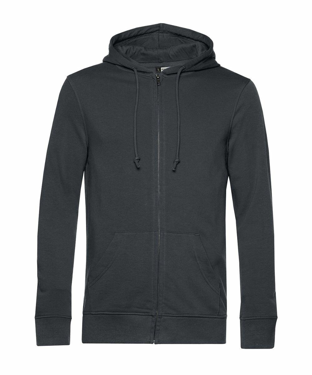B&C Collection's BA002: A black zip-up hoodie featuring drawstrings and front pockets.