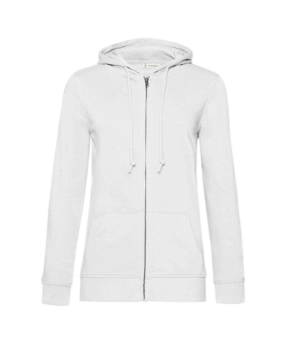 Introducing the B&C Collection's BA02F—a plain light gray zip-up hoodie featuring a front zipper, drawstring hood, and two front pockets. The hoodie is elegantly displayed on a white background.