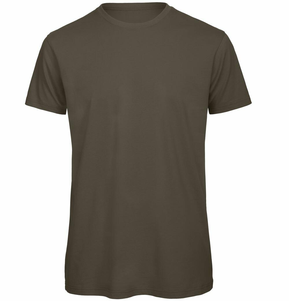 Displayed is the BA118, a plain olive green t-shirt from B&C Collection. It features short sleeves and a round neckline, set against a white background to emphasize its simplicity and classic design.