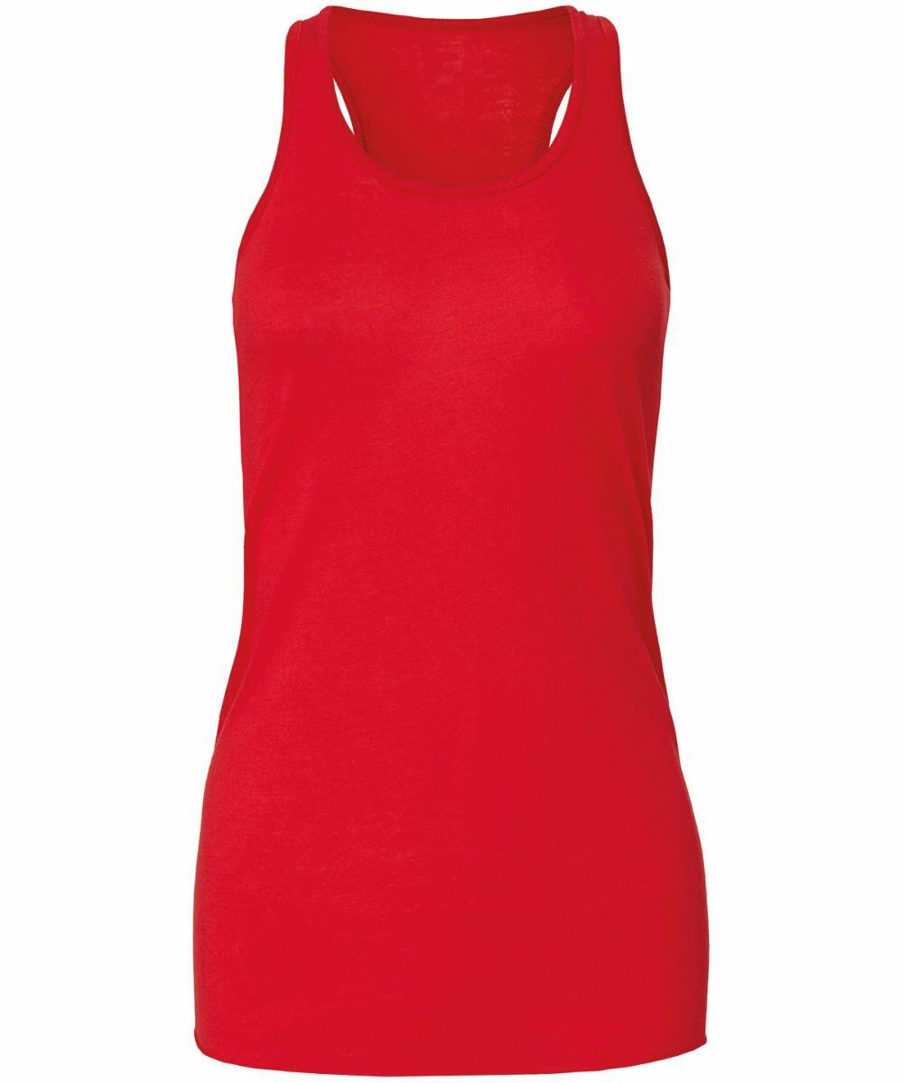 Bella + Canvas BE089 red sleeveless tank top featuring a scoop neckline and racerback design, showcased against a plain white background.