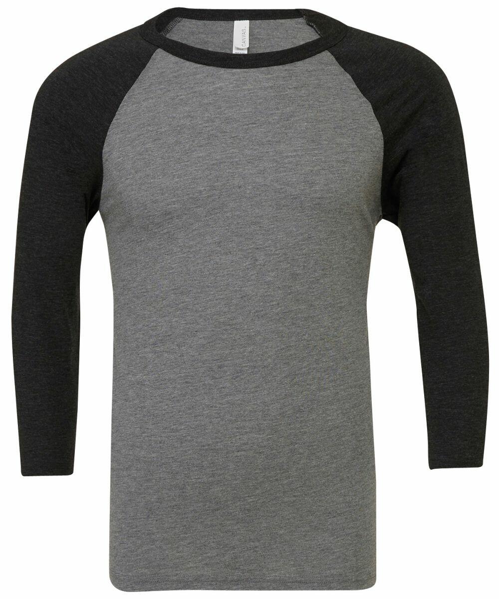 Bella + Canvas BE100 raglan long-sleeve shirt in gray and black displayed on a plain background.