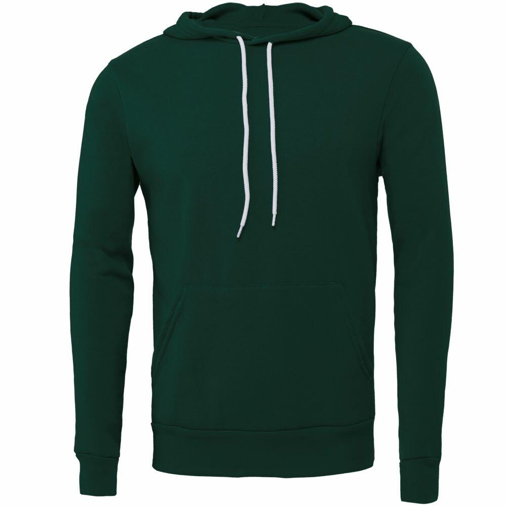 A Bella + Canvas BE105 hoodie in dark green is showcased against a plain white background. Featuring white drawstrings and a front pocket, the design is minimalistic, and the fabric looks soft and comfortable.