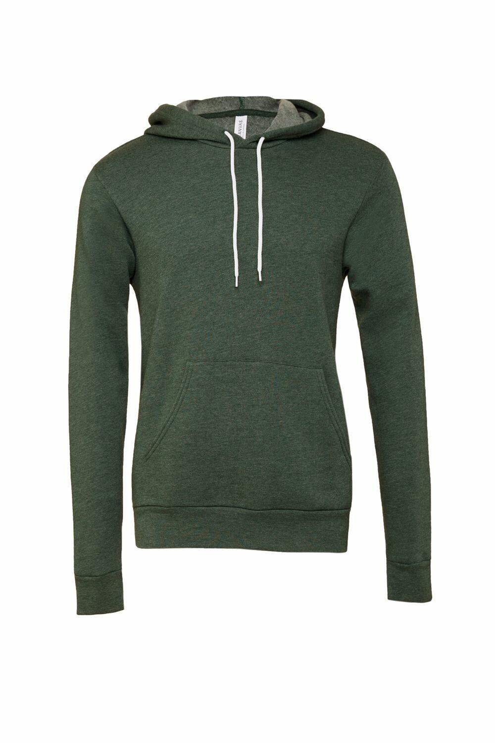 Bella + Canvas's BE105 is a plain dark green hoodie that features a white drawstring, long sleeves, and a front pocket. It is showcased against a white background.