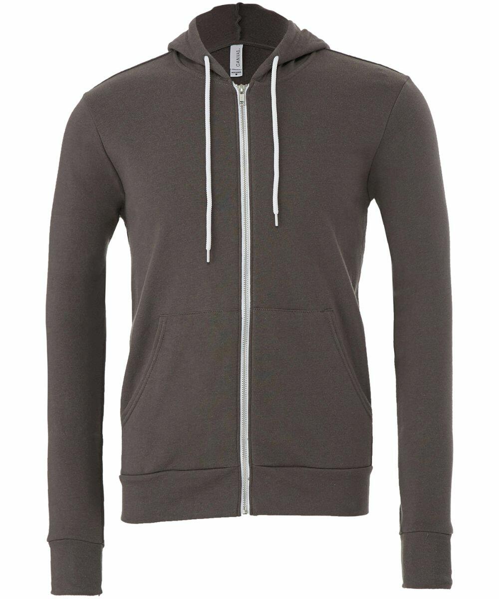 The BE106 by Bella + Canvas is a dark gray zip-up hoodie featuring plain design elements, white drawstrings, and front pockets, showcased against a clean white background.