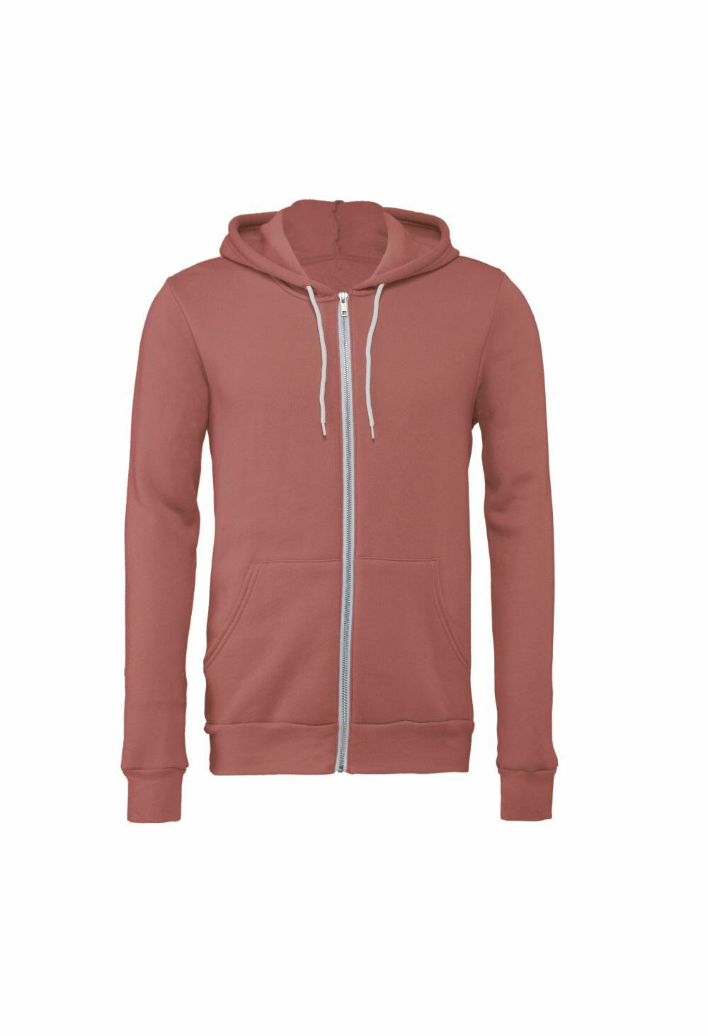The BE106 by Bella + Canvas is a plain brown zip-up hoodie featuring a front zipper and two pockets. It comes with long sleeves and a hood equipped with drawstrings, showcased against a white background.