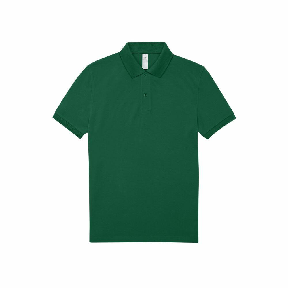 BA261 by B&C Collection, a green short-sleeve polo shirt featuring a collar and three buttons, laid flat on a white background.