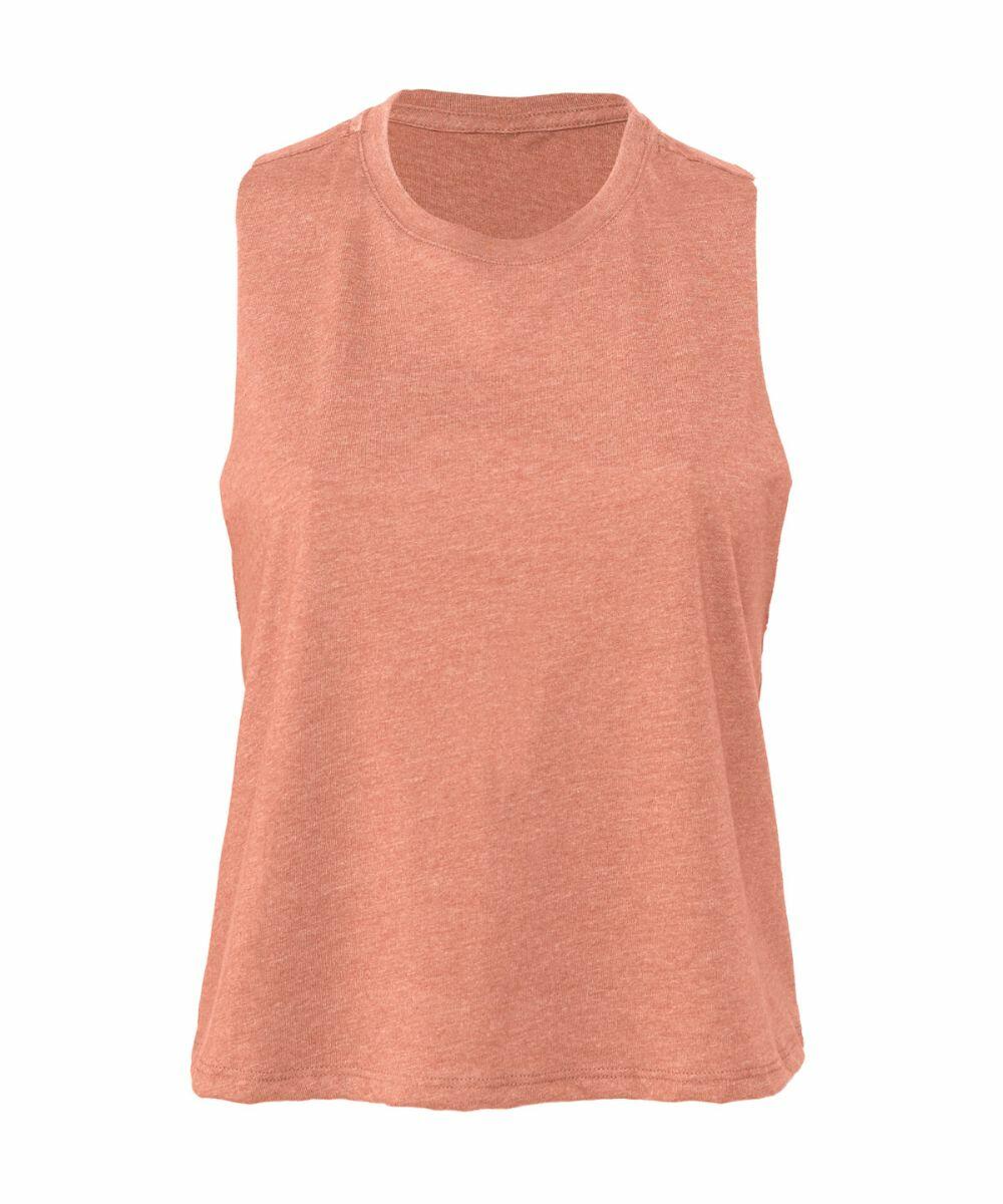 A sleeveless, loose-fitting tank top in a peach hue with a round neckline from Bella + Canvas, product name BE127, is neatly displayed against a plain white background. The fabric looks lightweight and comfortable, making it perfect for casual wear.