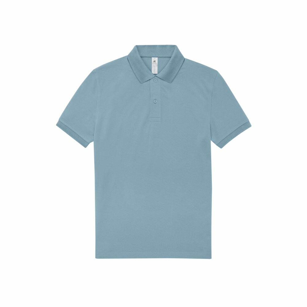 BA263, a light blue polo shirt from B&C Collection, featuring a collar and three buttons, laid flat on a white background.