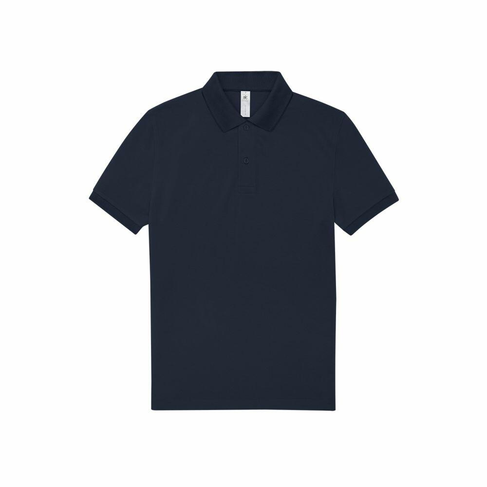 The BA263, a plain black polo shirt from B&C Collection, is displayed against a white background. It showcases short sleeves and a classic collar with a three-button placket.