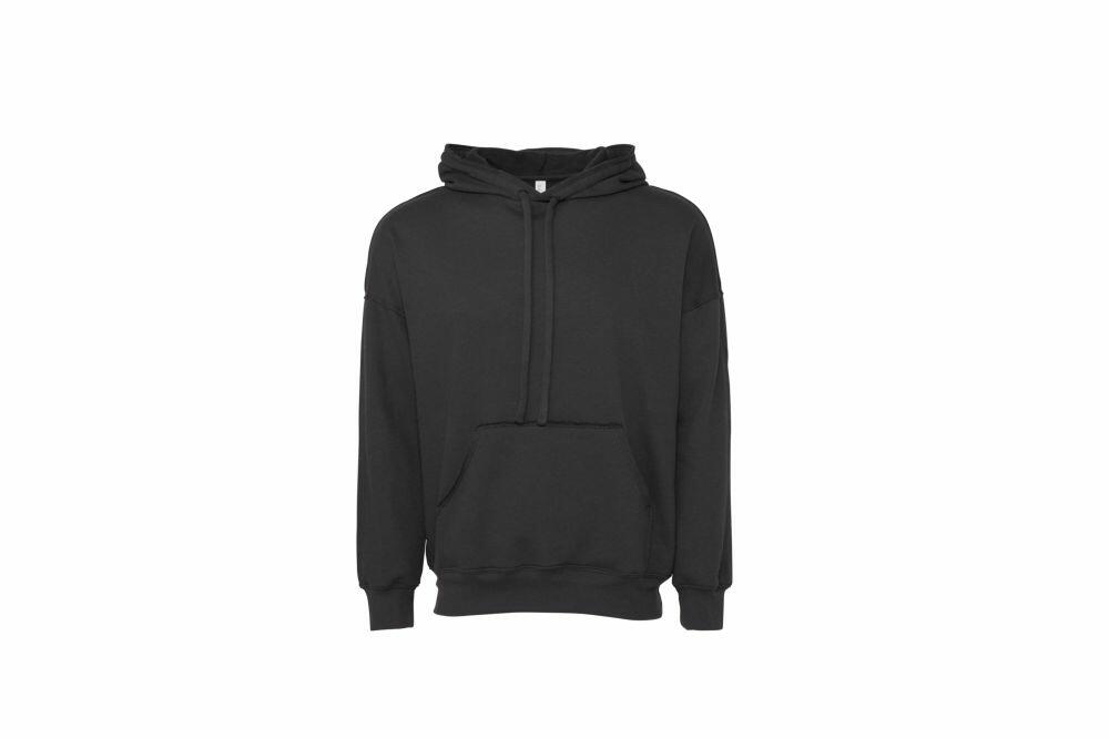 A plain black Bella + Canvas BE132 hoodie featuring a front pocket and drawstring hood, displayed against a white background.