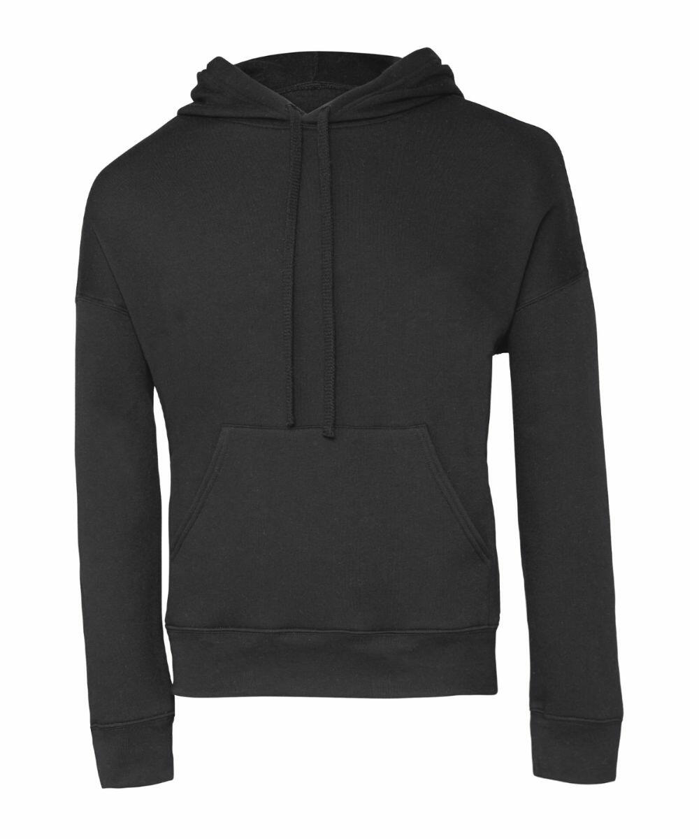 The Bella + Canvas BE136 is a plain black hooded sweatshirt featuring long sleeves, a front pocket, and a hood with drawstrings, all displayed against a white background.