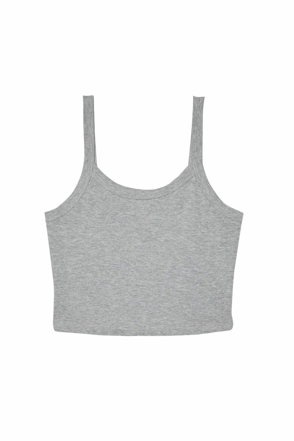 The BE139 from Bella + Canvas is a grey sleeveless crop top featuring wide straps, showcased against a white background.