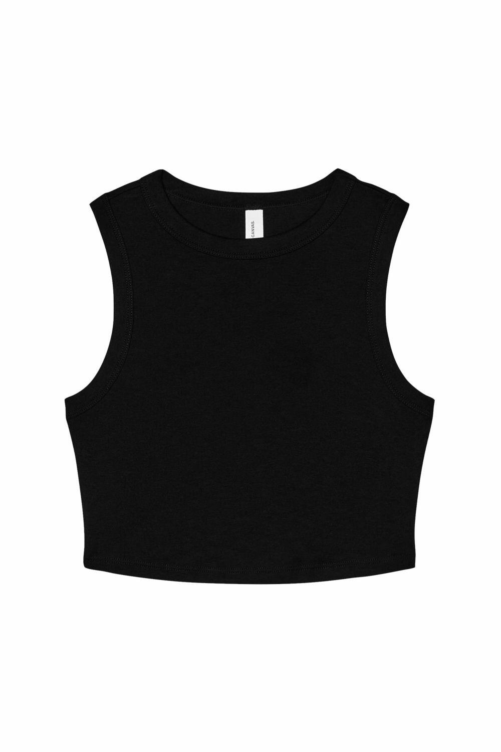 The BE140 by Bella + Canvas is a black sleeveless crop top featuring a round neckline, showcased on a white background.