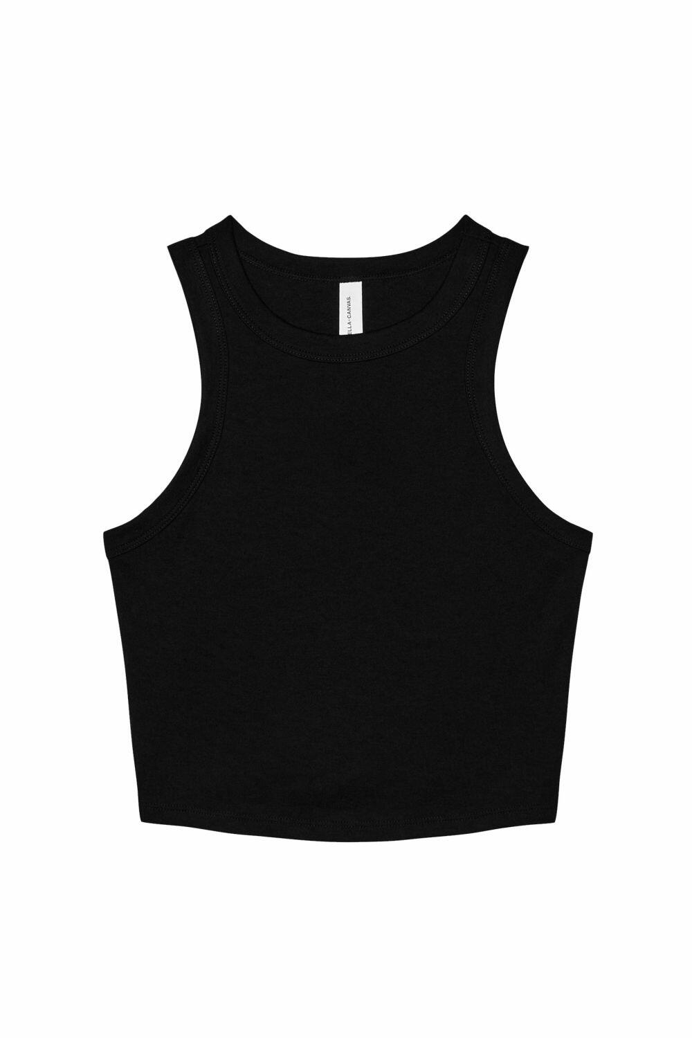 The BE141 by Bella + Canvas is a black sleeveless crop top featuring a high neckline and a simple design.