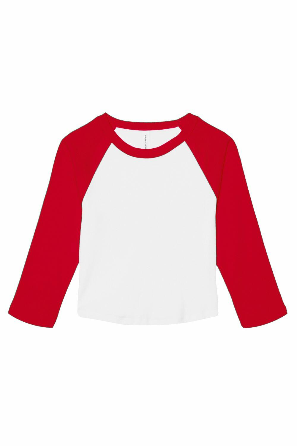 The Bella + Canvas BE142 is a plain white long-sleeve t-shirt featuring red raglan sleeves, displayed flat on a white background.
