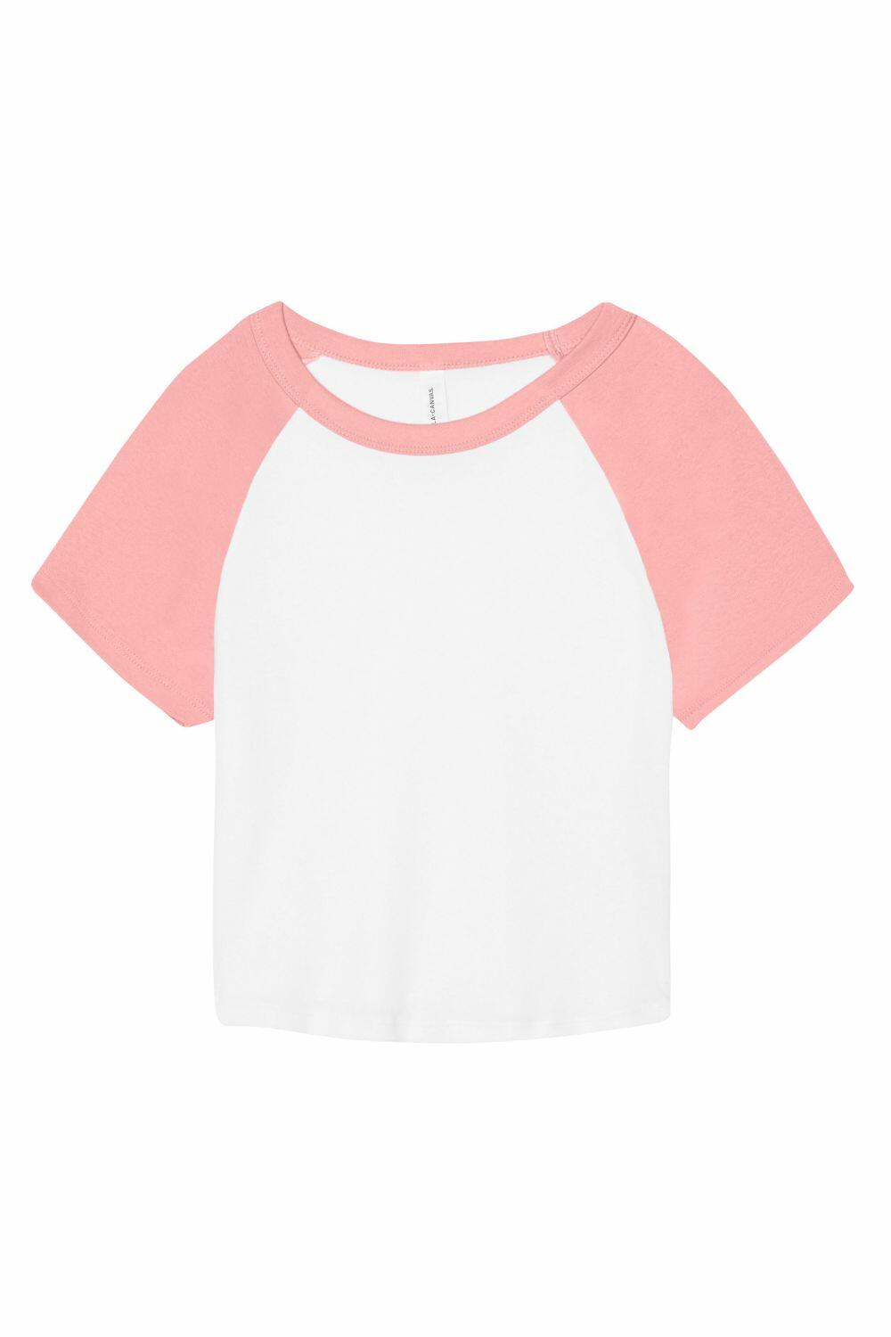 The BE143 by Bella + Canvas is a straightforward short-sleeved shirt, elegantly designed with a white body and pink sleeves. It boasts a classic crew neckline, delivering a casual yet sporty look.
