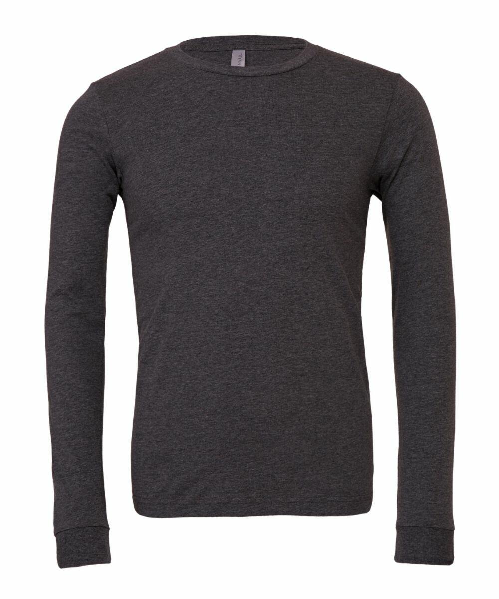 The Bella + Canvas BE44H dark gray long-sleeve shirt is displayed against a white background.