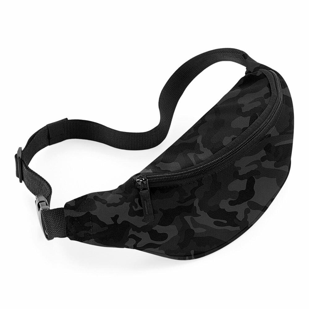 Check out the Bagbase BG042, a stylish fanny pack in a dark camouflage pattern featuring various shades of black and gray. It comes equipped with a front zipper pocket and an adjustable strap for convenience.