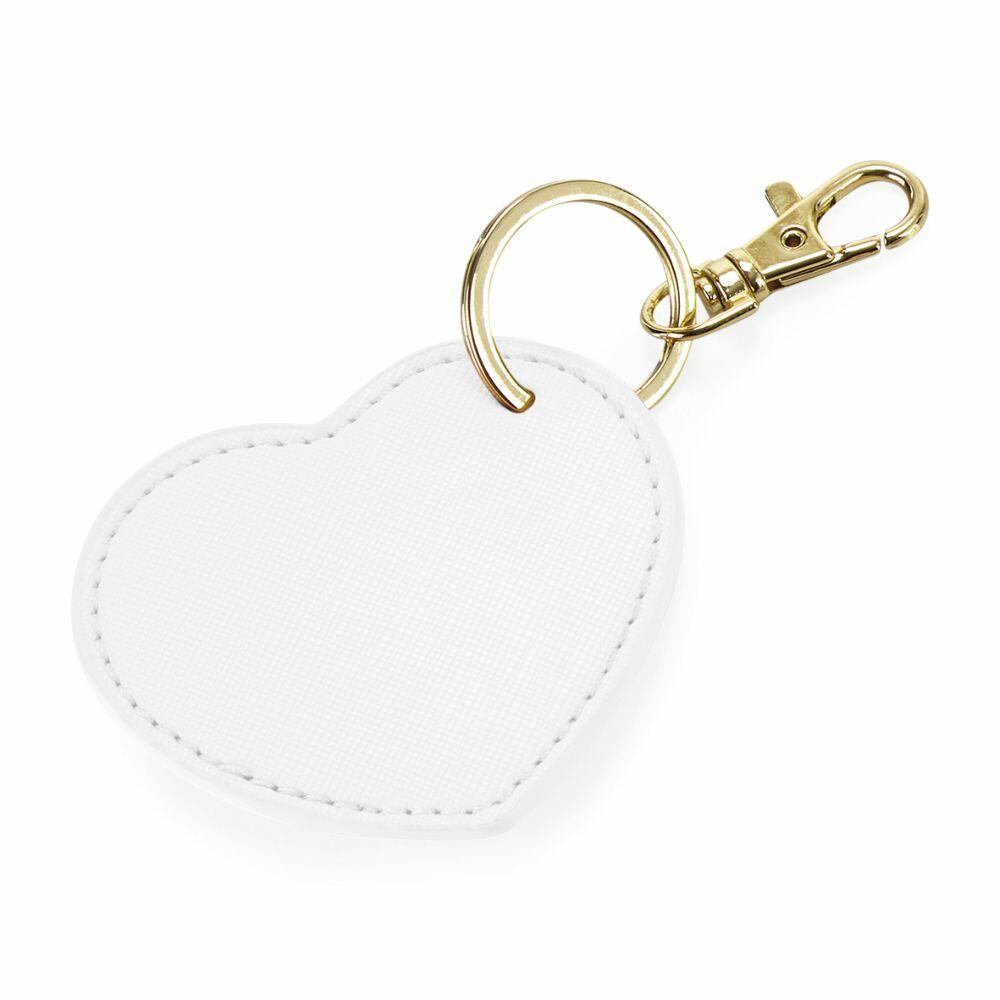 Introducing the Bagbase BG746, a textured white heart-shaped keychain featuring a simple and elegant design, complete with a gold metal ring and clasp.