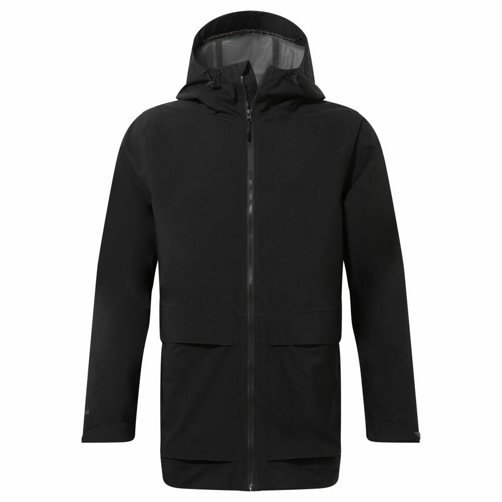 Craghoppers' CR323 is a black hooded jacket featuring a front zipper and two spacious pockets.