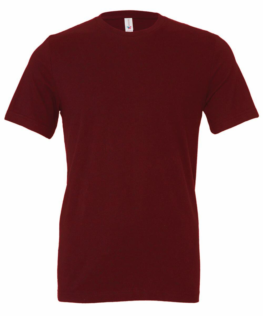 A plain, solid maroon t-shirt from Bella + Canvas's CV001 line, featuring short sleeves and a round neckline, is displayed against a white background.