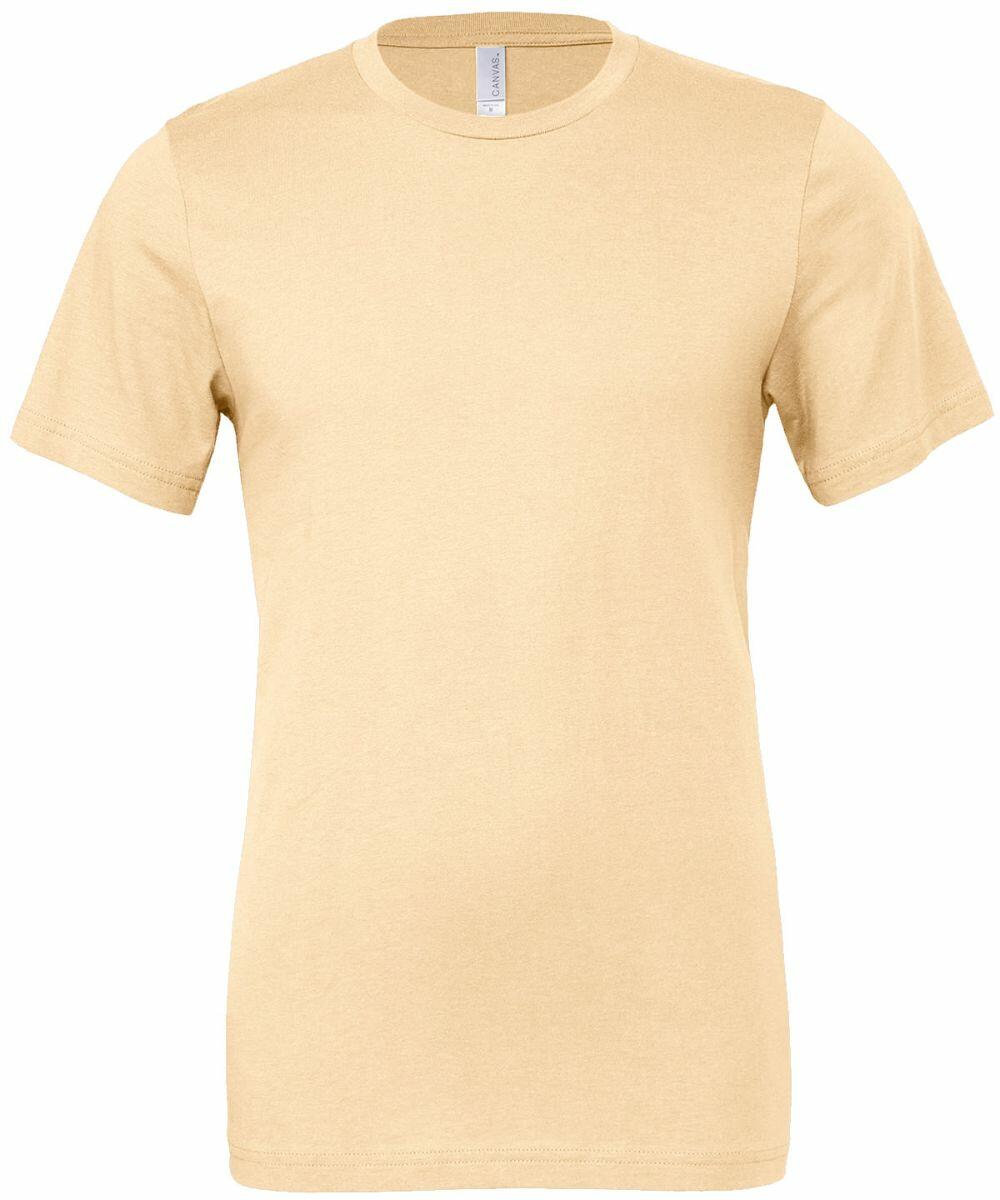 Bella + Canvas CV001 features a plain beige T-shirt with short sleeves and a round neckline, presented against a white background to emphasize its minimalist design and casual style.