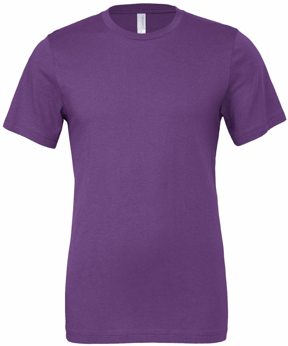 A plain purple short-sleeved t-shirt from Bella + Canvas, labeled as CV001, displayed against a white background.
