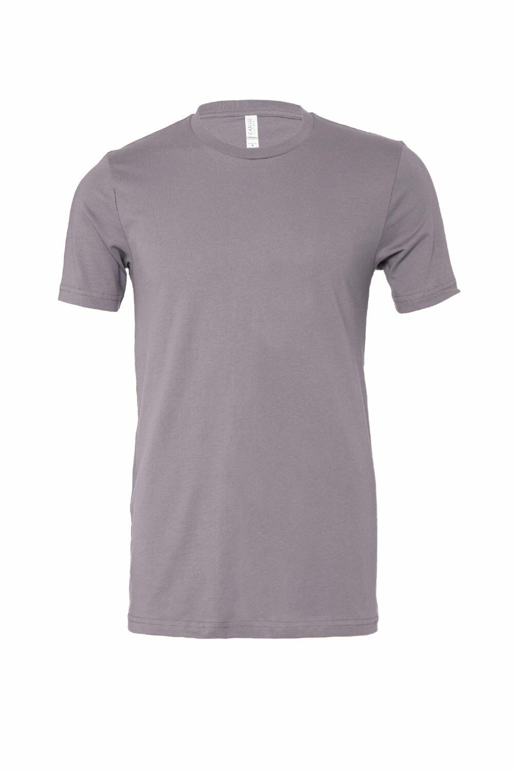 Product CV001 from Bella + Canvas is a gray short-sleeve t-shirt presented on a white background, shown facing forward. This shirt features a classic round neckline and offers a smooth, plain look that emphasizes its simple and casual style.