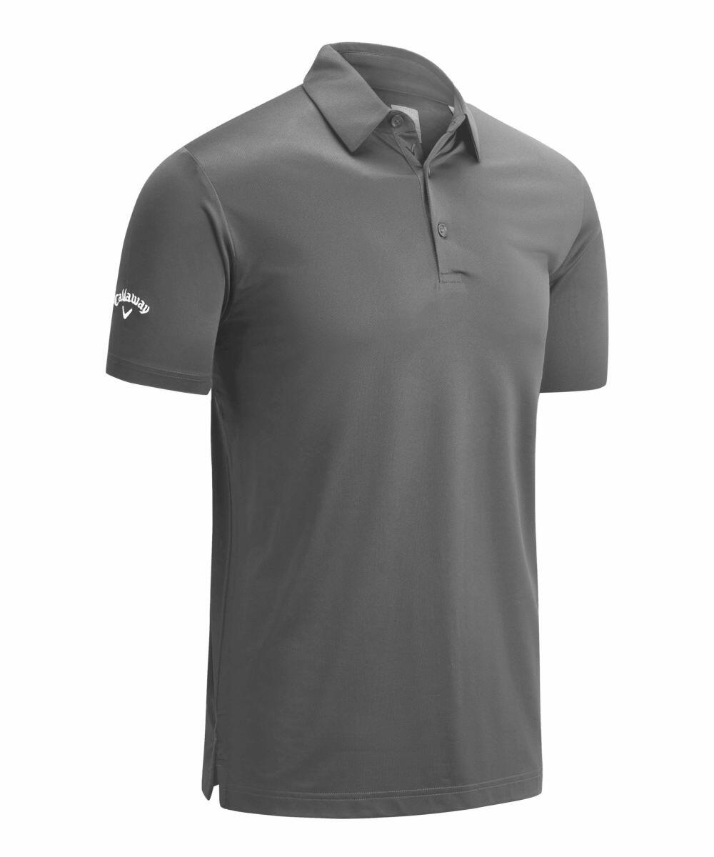 Callaway's CW025 is a gray polo shirt featuring short sleeves, a collar, a button placket, and an embroidered logo on the sleeve.