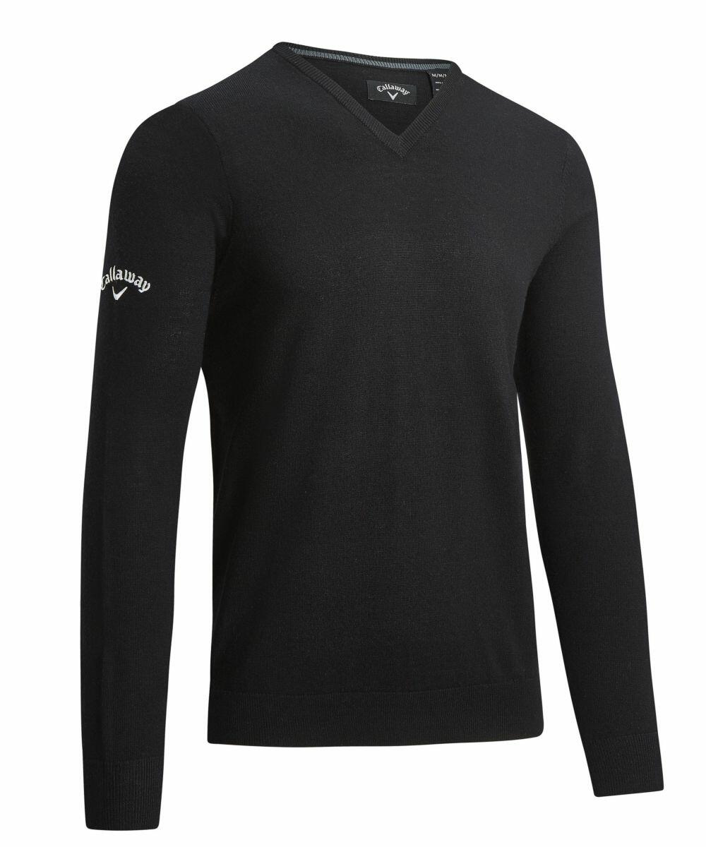 Callaway's black V-neck sweater, featuring the CW076 design, includes a logo on the left sleeve.