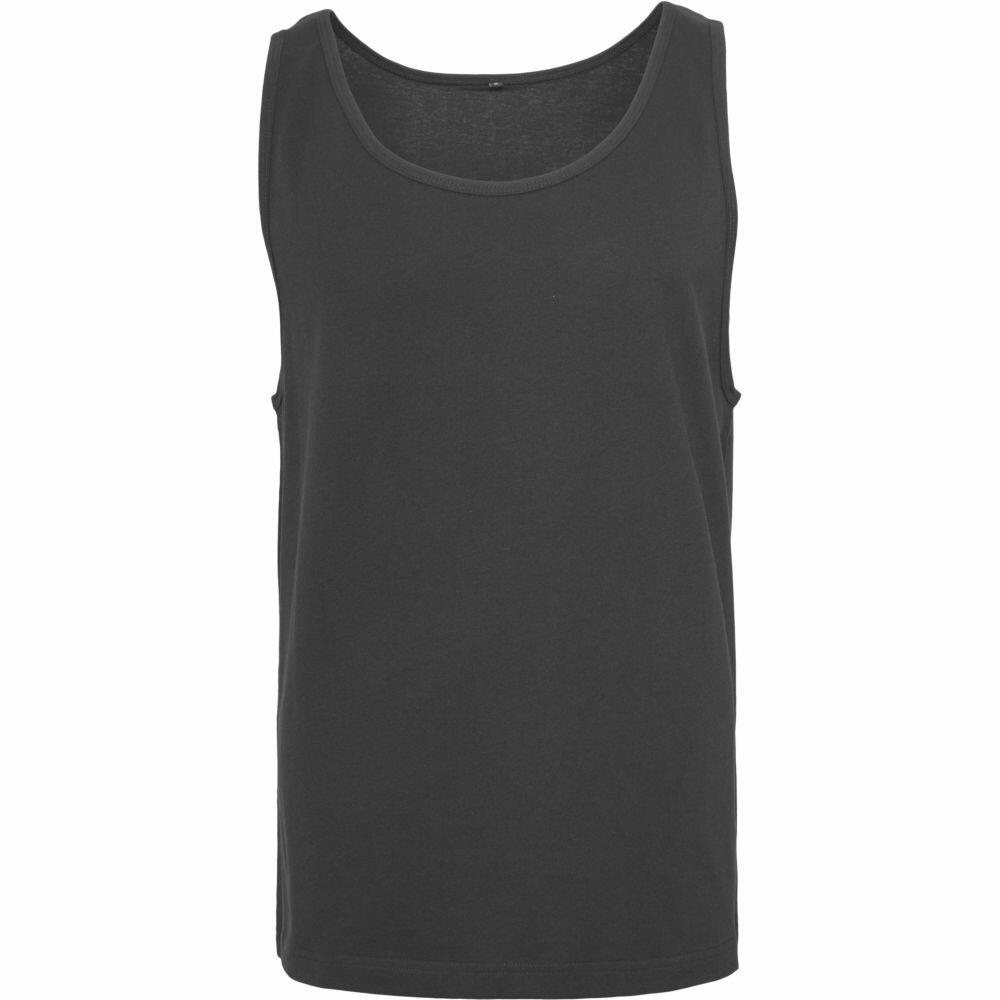 A Build Your Brand BY003 plain black sleeveless tank top displayed on a white background.